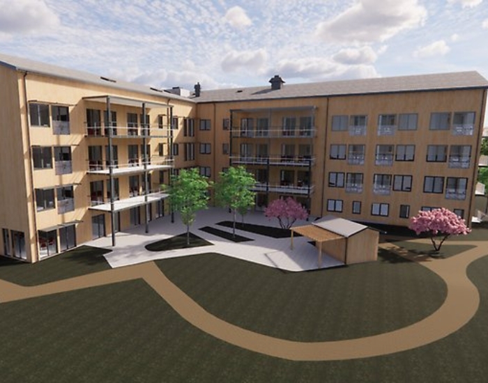 En fyravåningsbyggnad med 60 boenderum