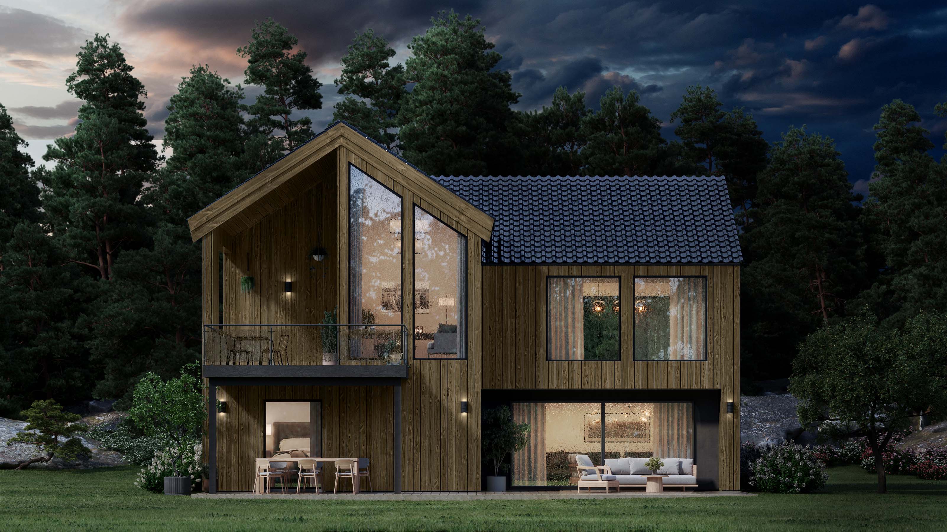 Hus kledd med Moelven Værbitt i fargen Fura