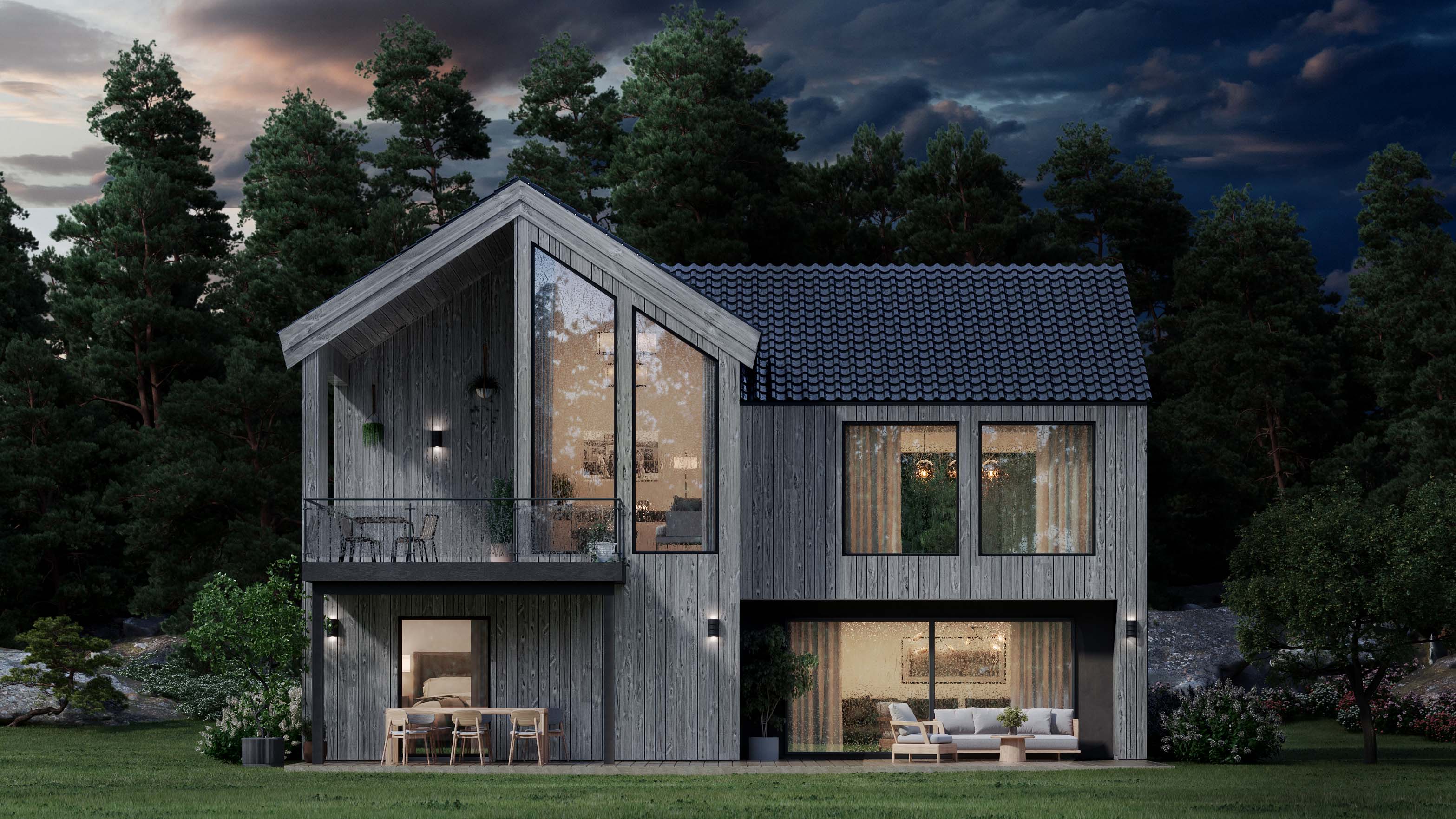 Hus kledd med Moelven Værbitt i fargen Gråna